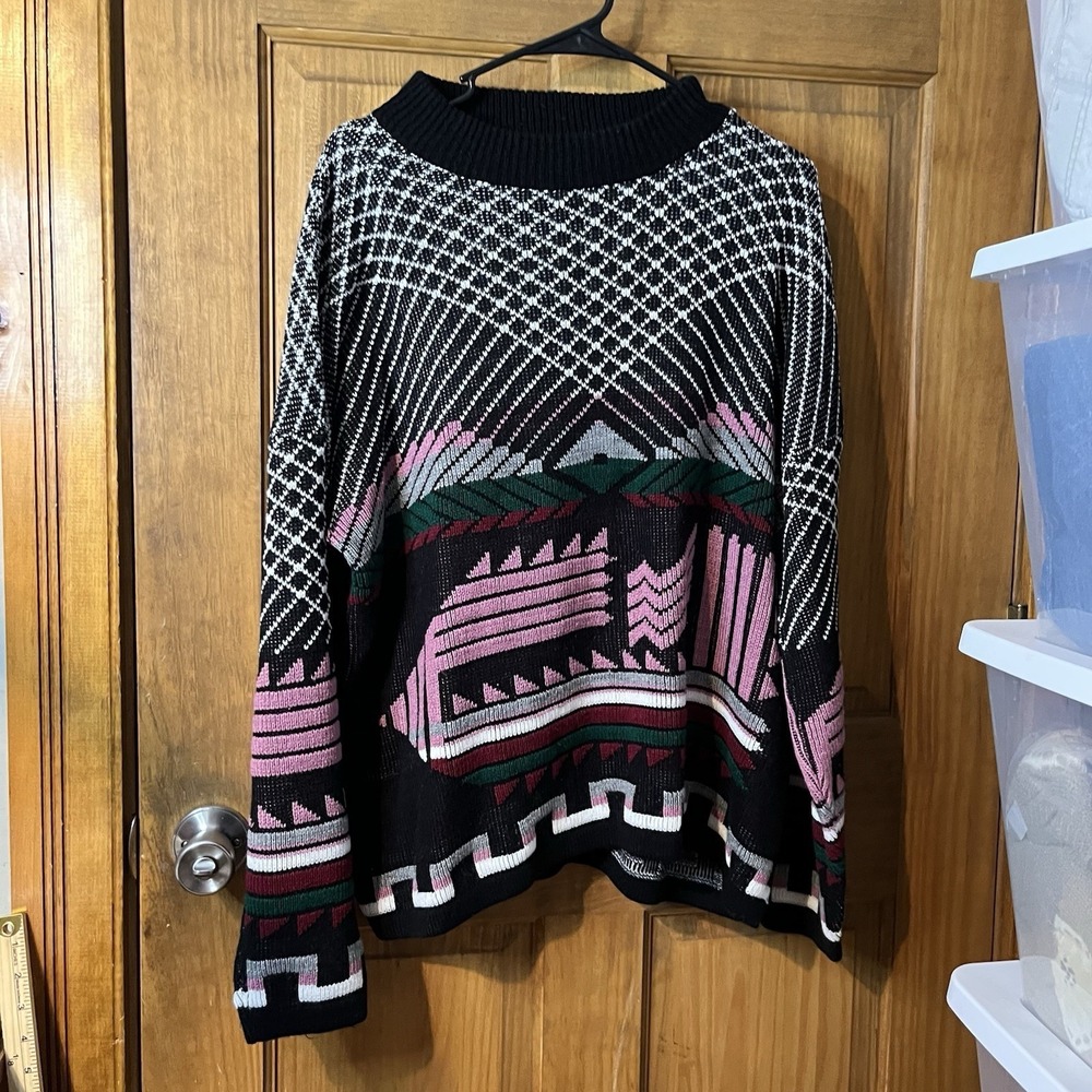 College Point Womens Geometric Knit Crewneck Pullover Sweater Black L/XL